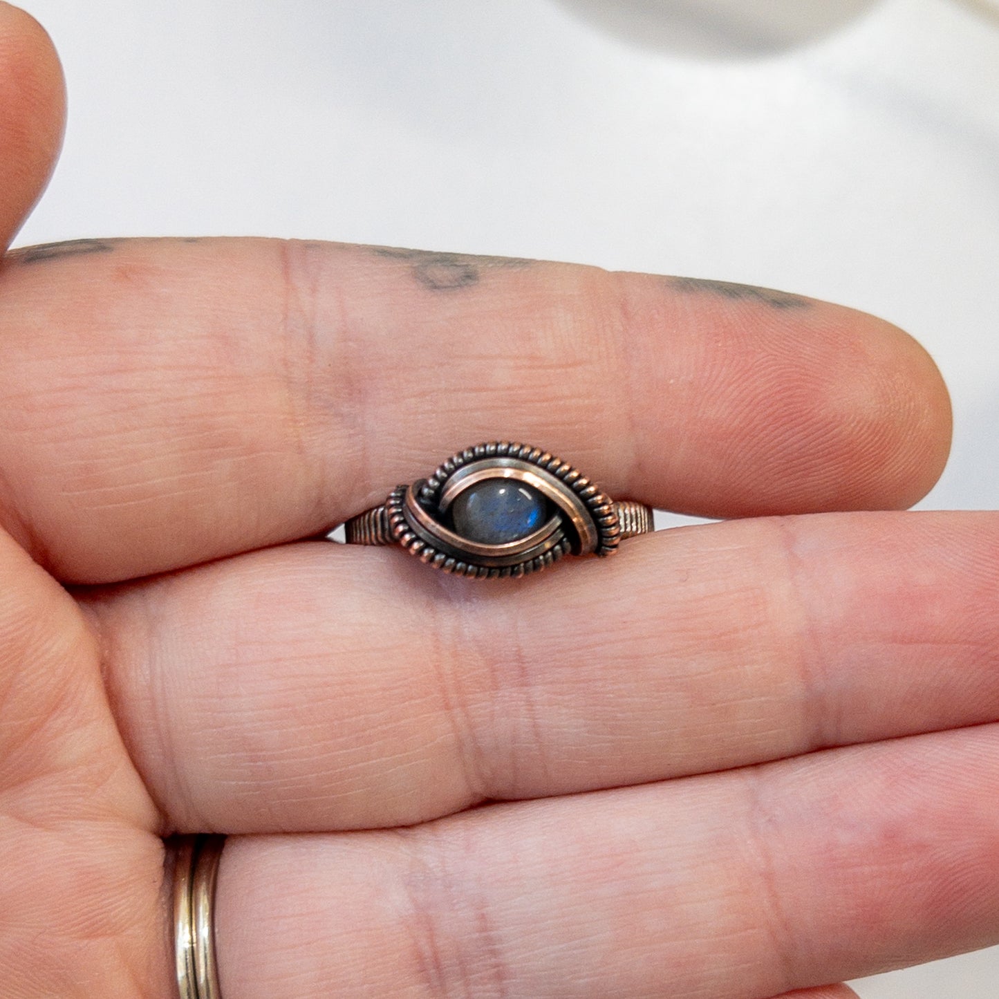 Blue Labradorite & Copper Wrapped Ring US Size 8.5