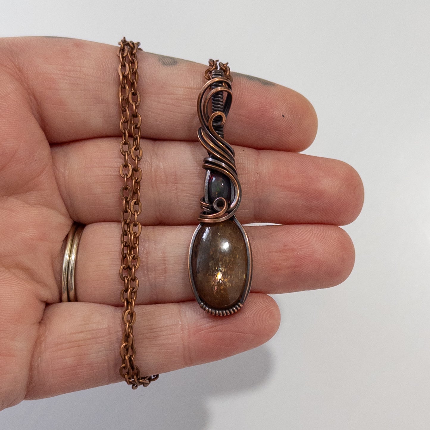 Black Sunstone & Smoked Opal Copper Wrapped Pendant