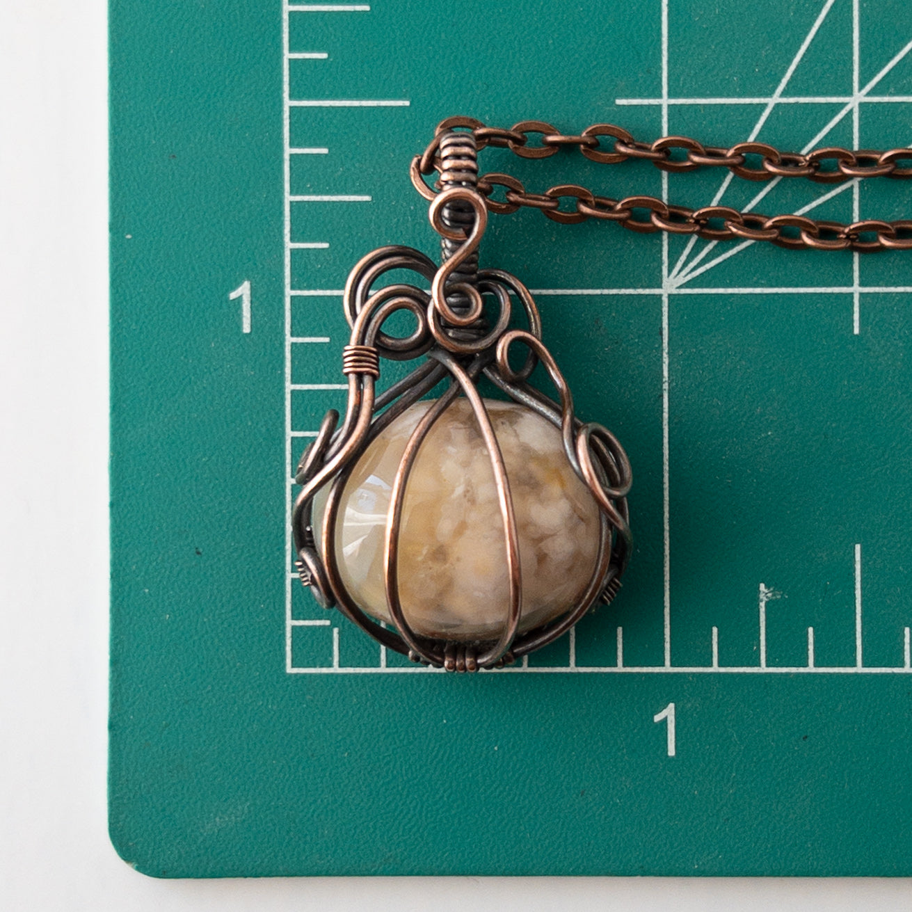 Flower Agate Pumpkin Antiqued Copper Wrapped Pendant