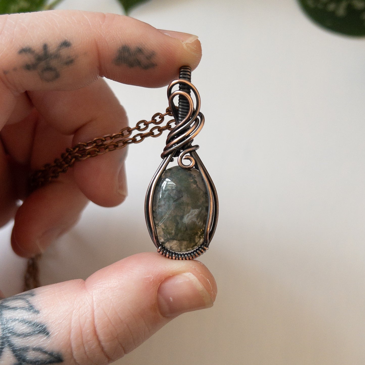 Moss Agate & Copper Wrapped Pendant