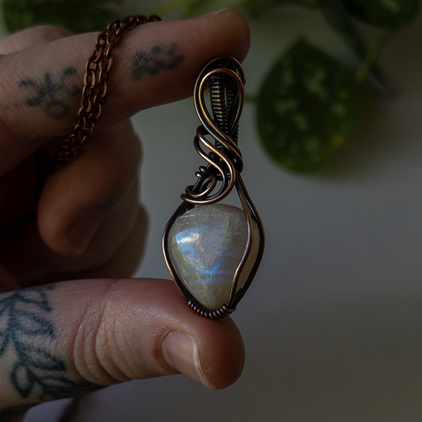 Belomorite Moonstone & Antiqued Copper Wrapped Pendant