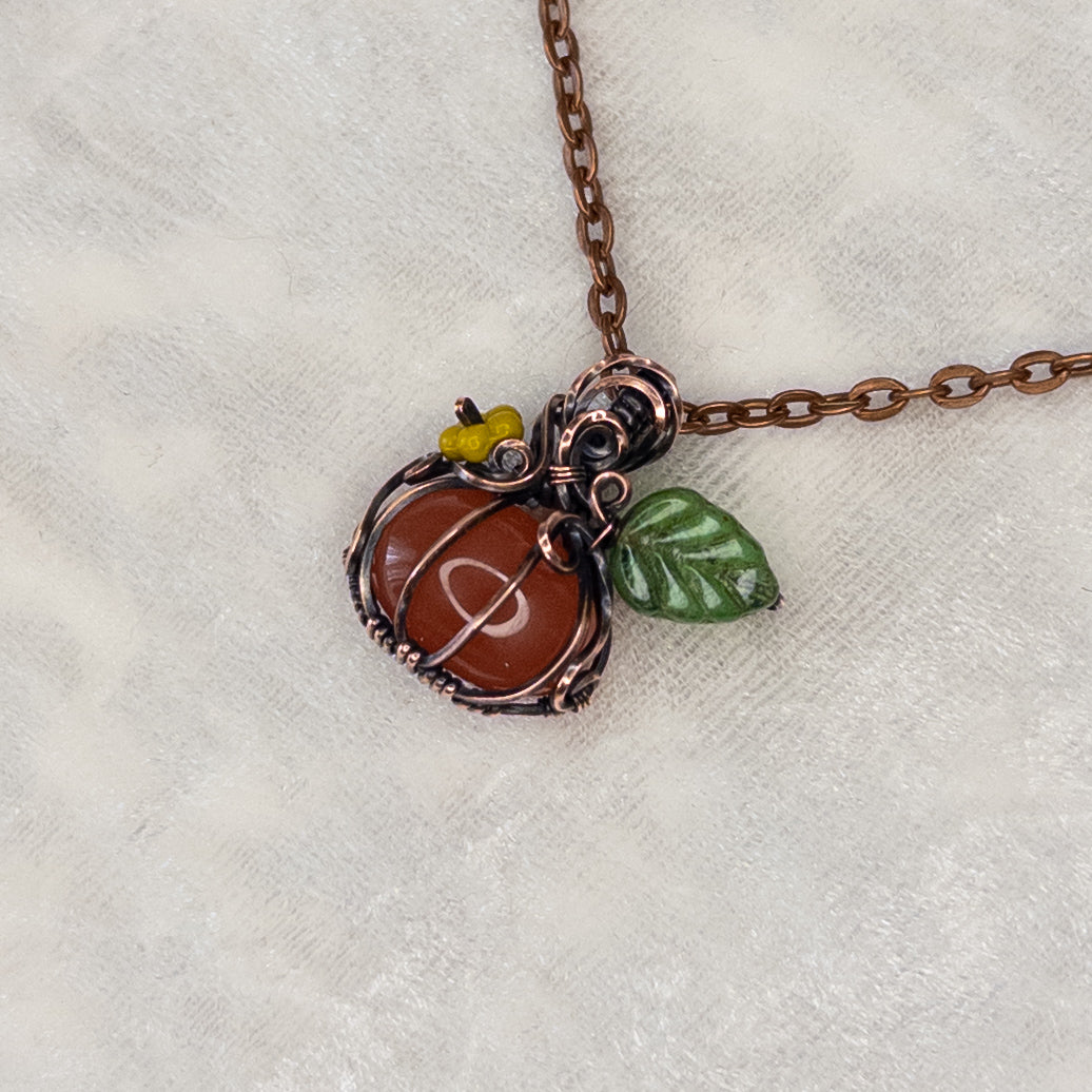 Dainty Carnelian Antiqued Copper Pumpkin Pendant with Czech Glass Blossom & Leaf
