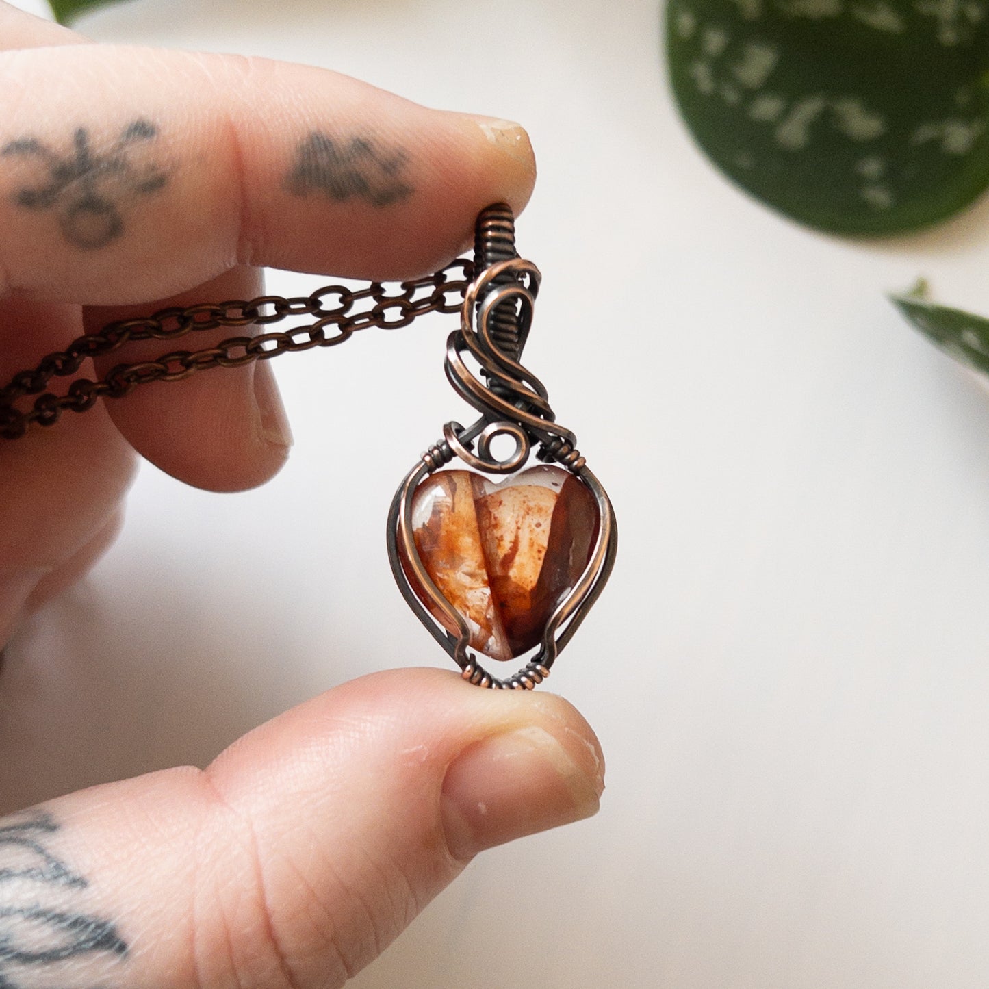 Fire Quartz Heart & Copper Wrapped Pendant
