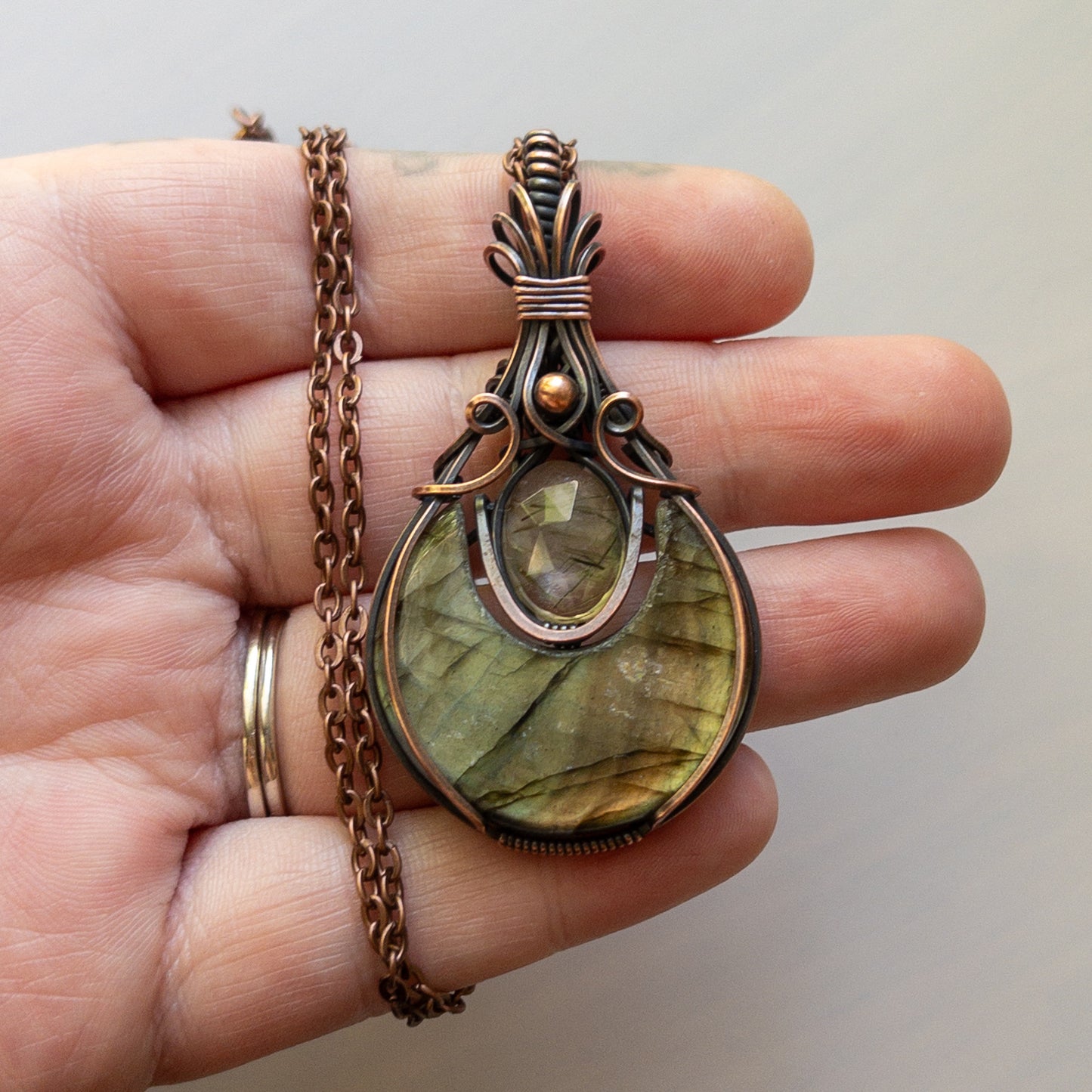 Labradorite Moon & Faceted Green Rutile Copper Wrapped Pendant