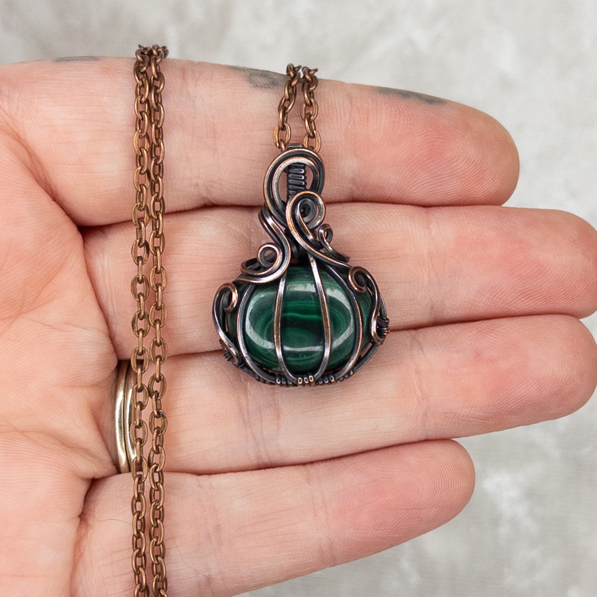 Malachite “Eye” Antiqued Copper Pumpkin Pendant