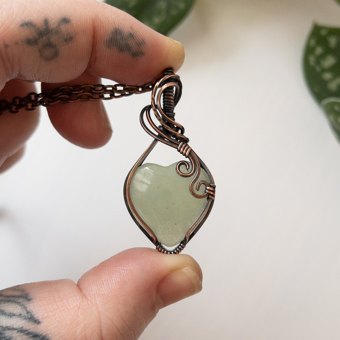 Green Aventurine Heart Copper Wrapped Pendant with Swirls