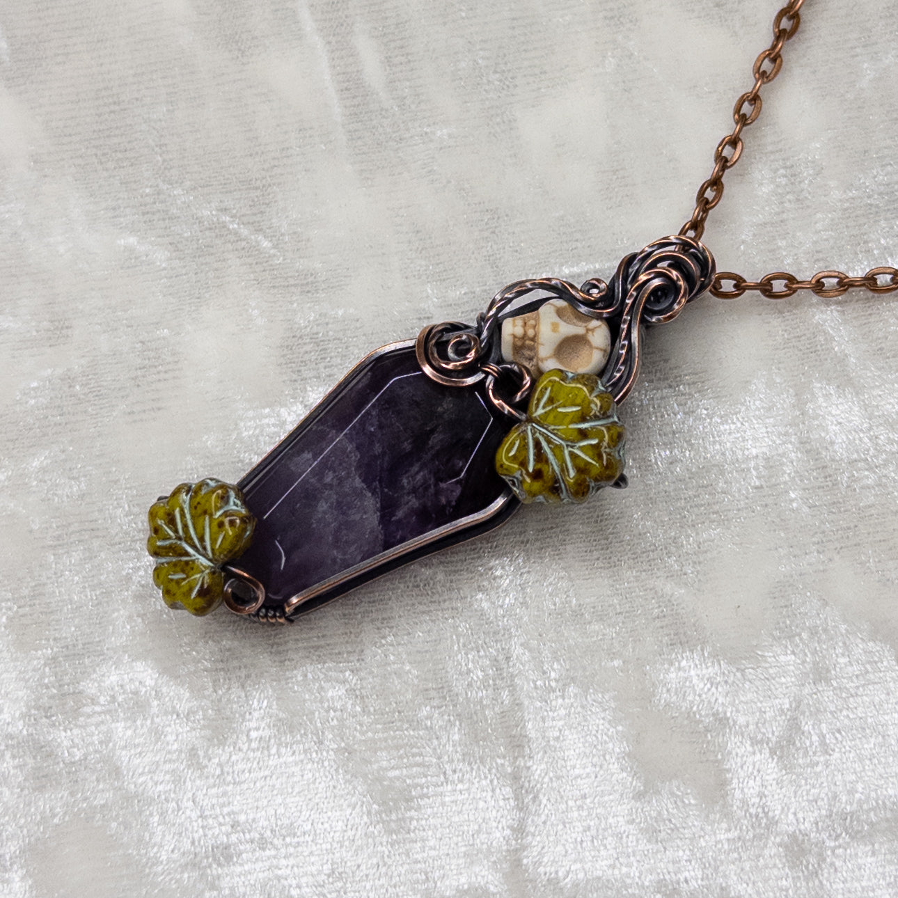 Amethyst Coffin & Skull Antiqued Copper Pendant With Czech Glass Leaves