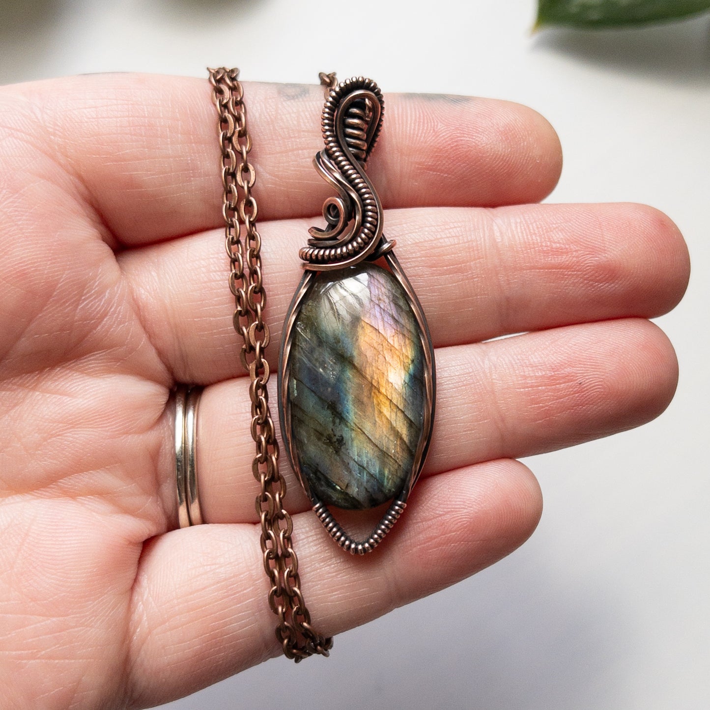 Rainbow Flash Labradorite Copper Wrapped Pendant