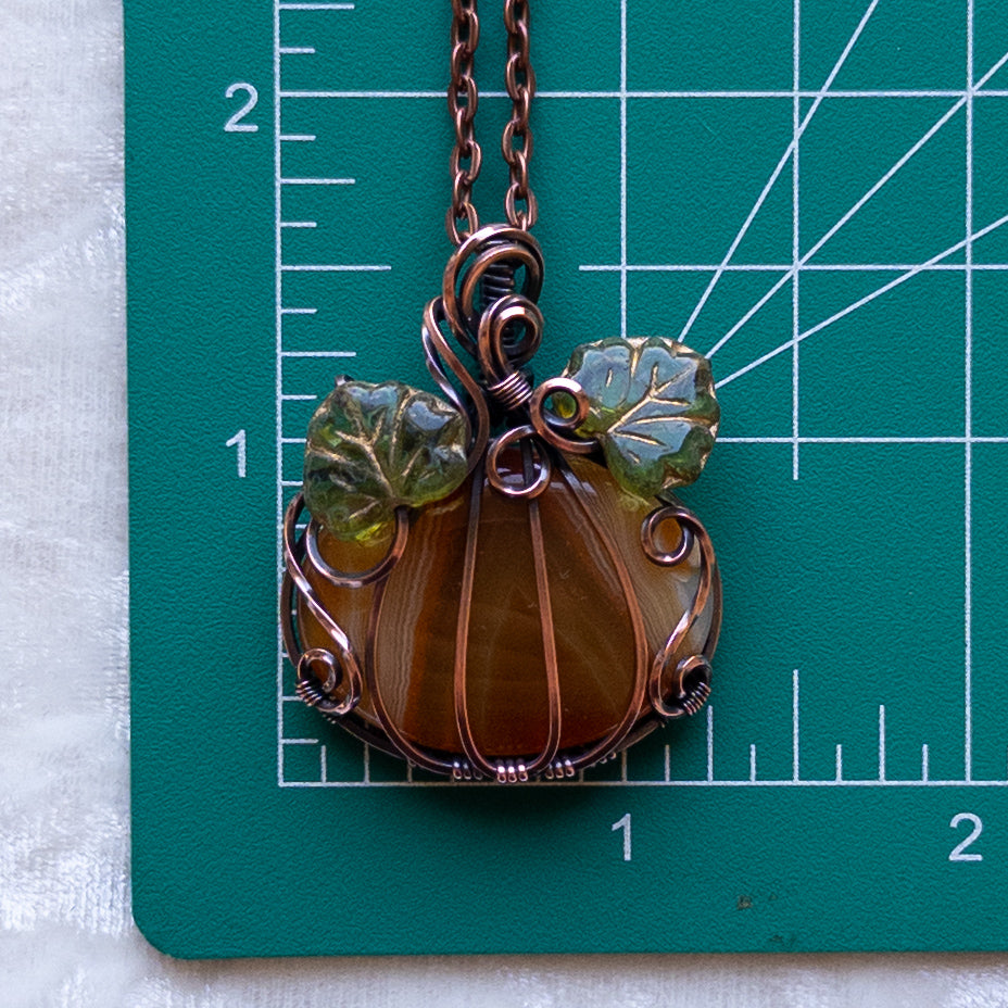 Orange Agate Pumpkin Pendant Witch Czech Glass Leaves - Antiqued Copper
