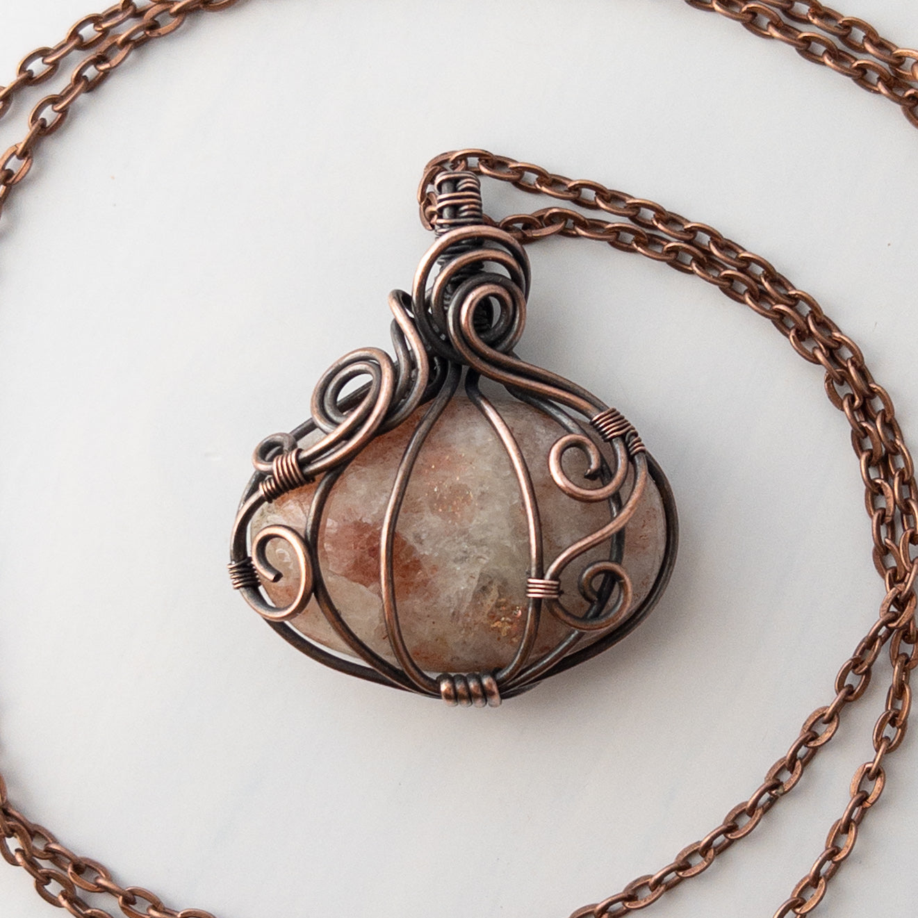 Short Sunstone Pumpkin Antiqued Copper Wrapped Pendant