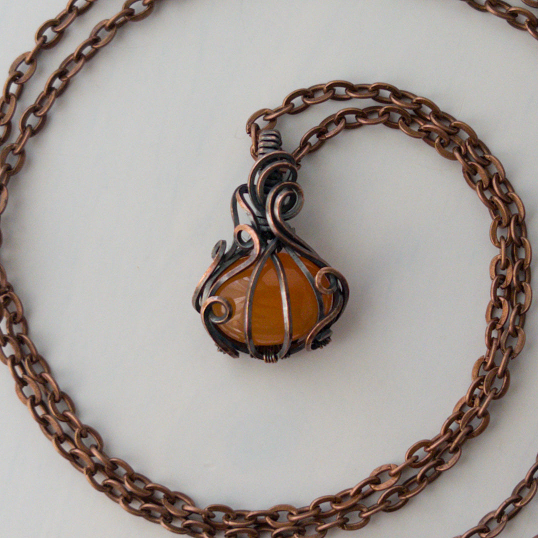 Dainty Carnelian Pumpkin Antiqued Copper Wrapped Pendant