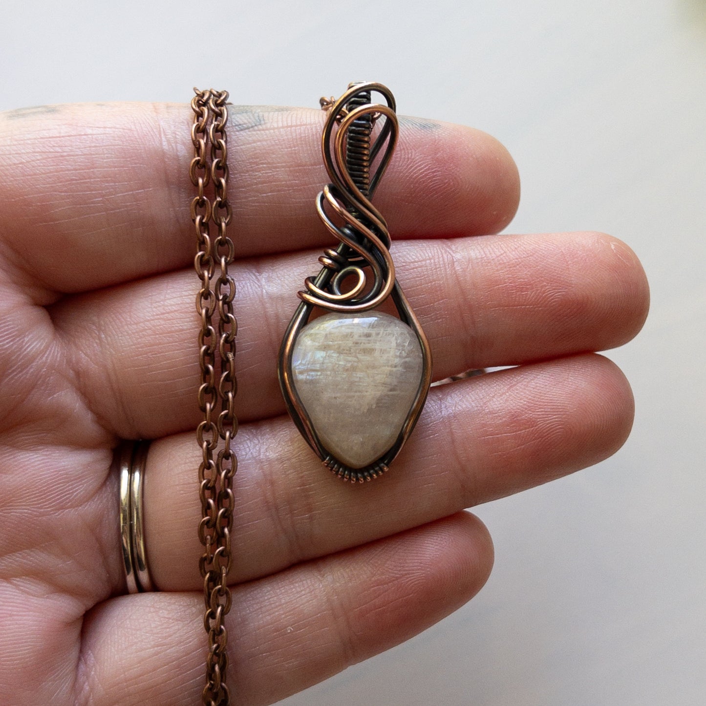 Belomorite Moonstone & Antiqued Copper Wrapped Pendant