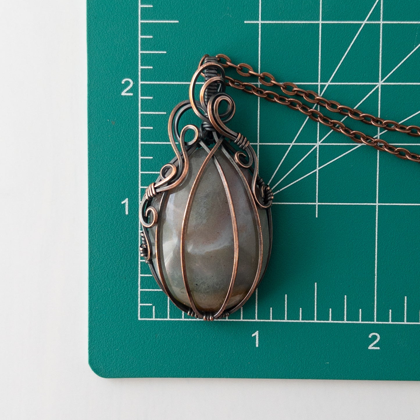 Grey India Agate Pumpkin Antiqued Copper Wrapped Pendant