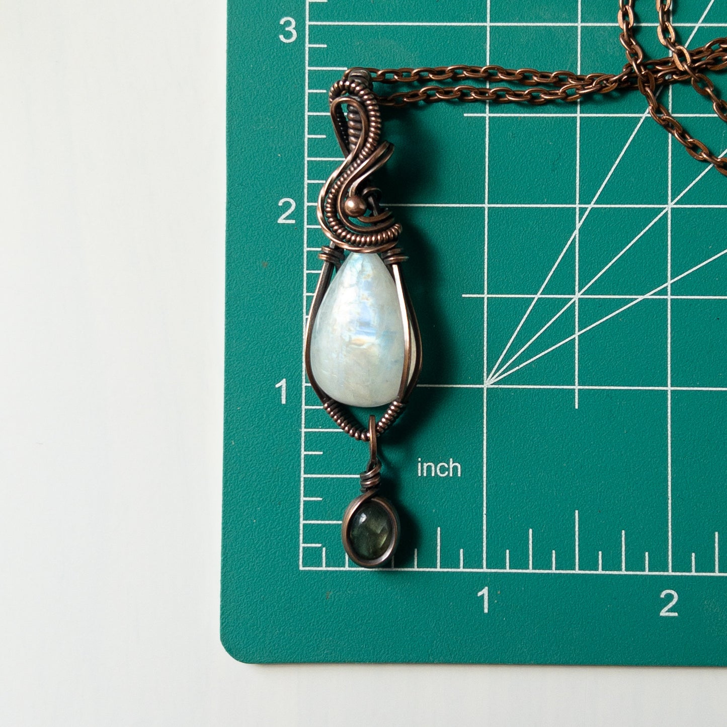 Rainbow Moonstone With Labradorite Charm & Copper Wrapped Pendant