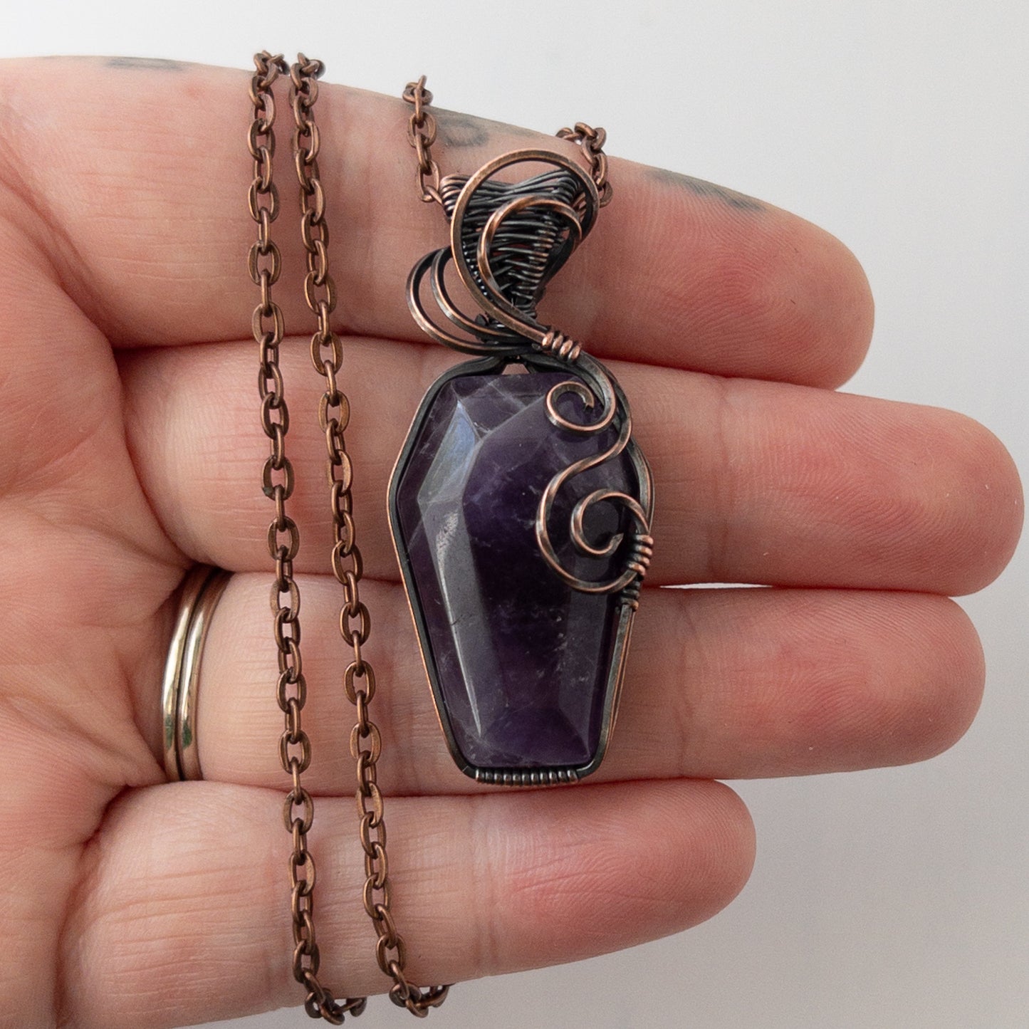 Amethyst Coffin Antiqued Copper Wrapped Pendant