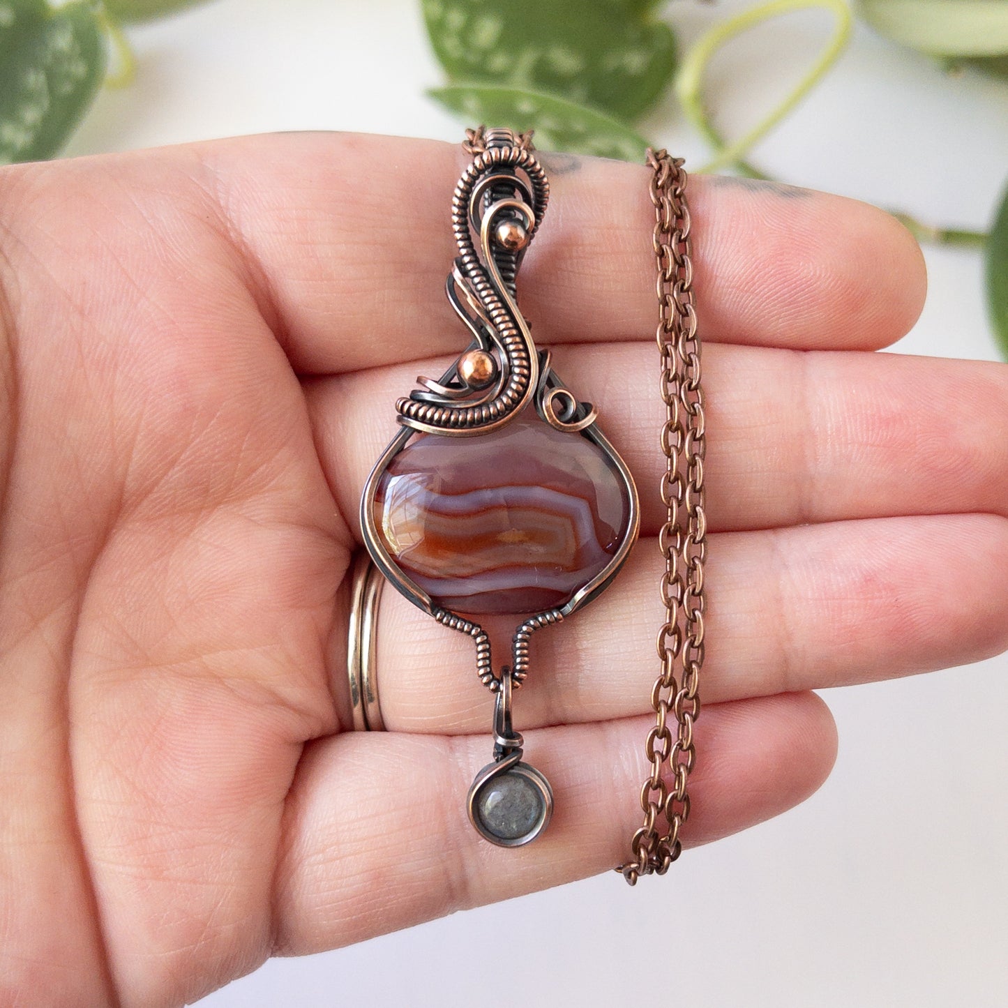 Colorful Banded Agate With Labradorite Charm Copper Wrapped Pendant