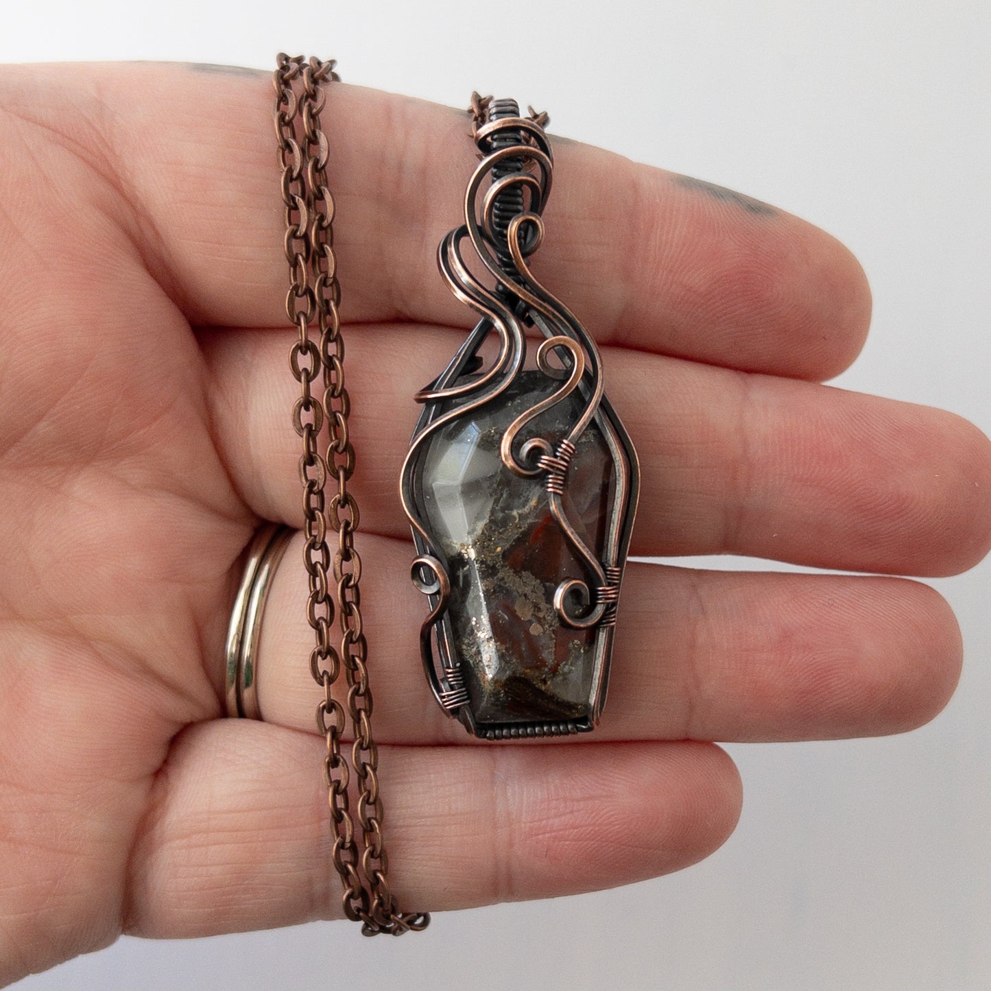 African Bloodstone Coffin Antiqued Copper Wrapped Pendant