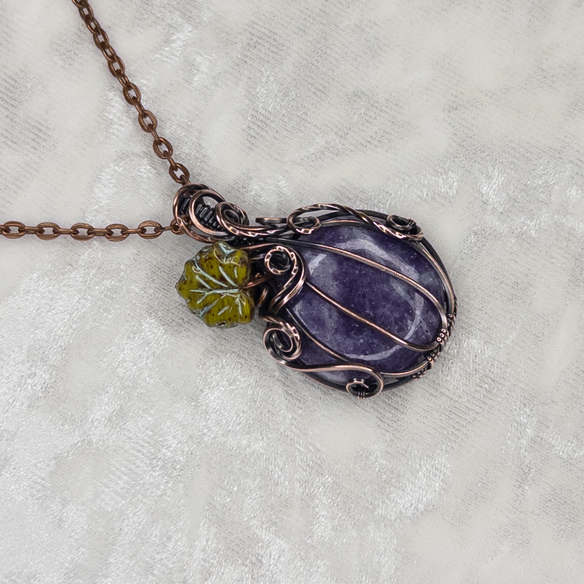 Lepidolite Antiqued Copper Pumpkin Pendant With Czech Glass Leaf