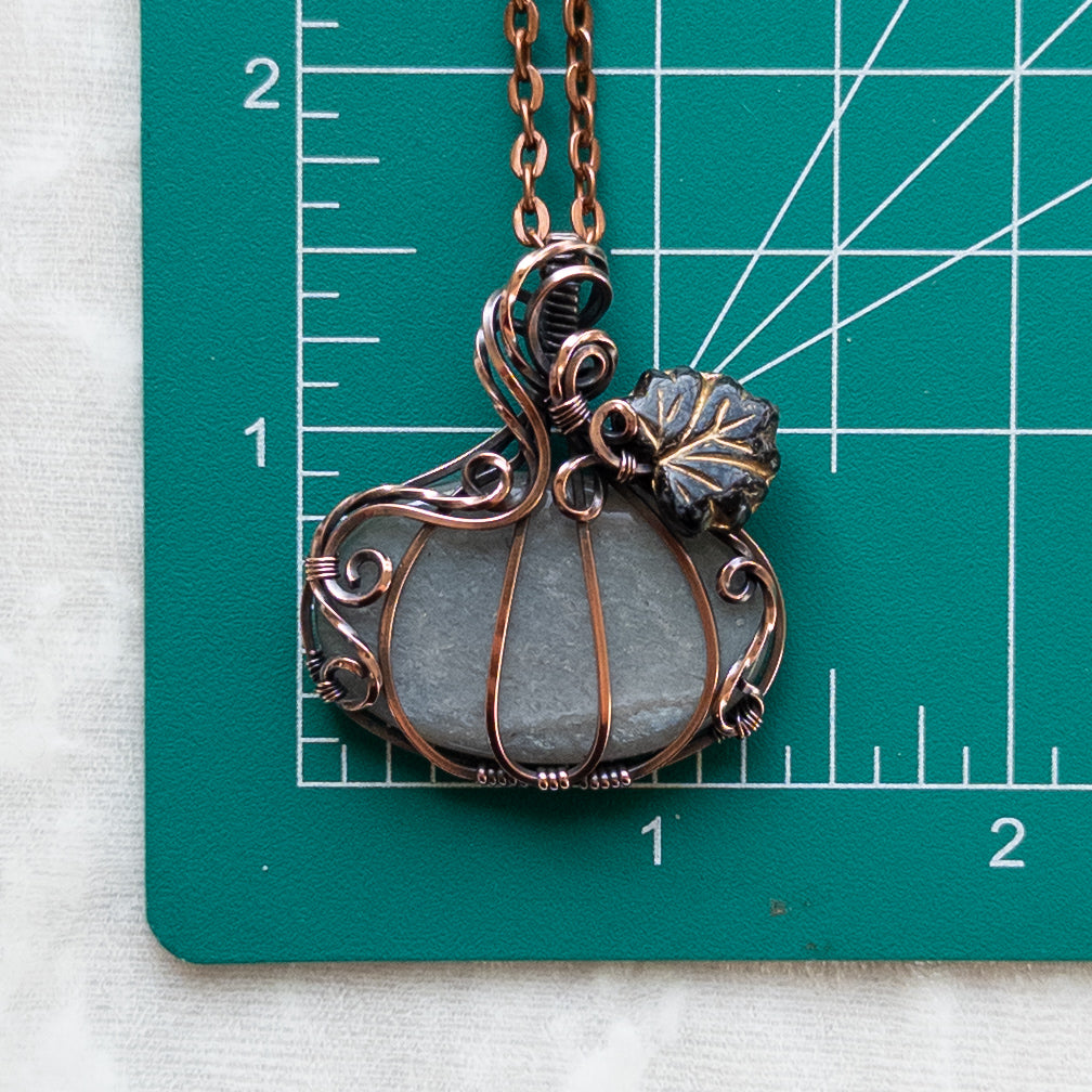 Grey Moonstone Antiqued Copper Pumpkin Pendant With Czech Glass Leaf