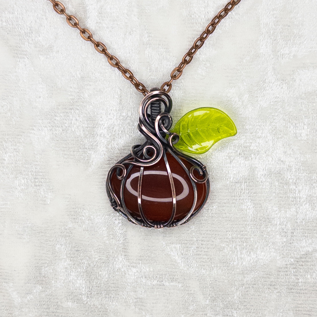 Carnelian & Glass Leaf Antiqued Copper Pumpkin Pendant