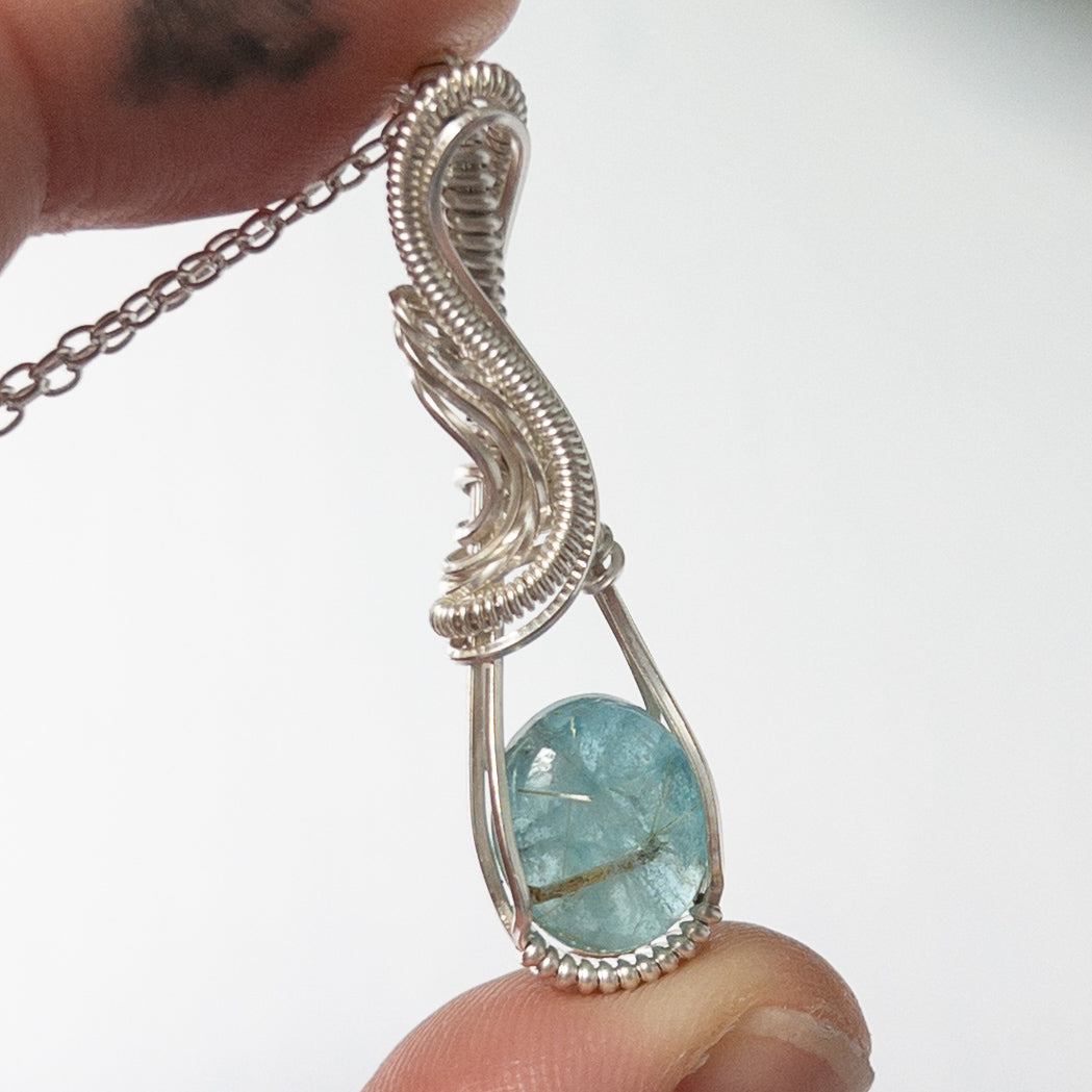 Apatite/Gold Rutile Doublet & Sterling Silver Wrapped Pendant