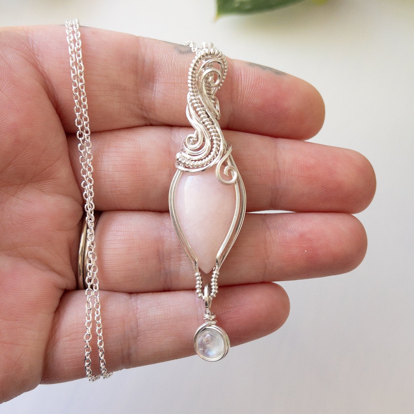 Pink Opal With Moonstone Charm Sterling Silver Wrapped Pendant