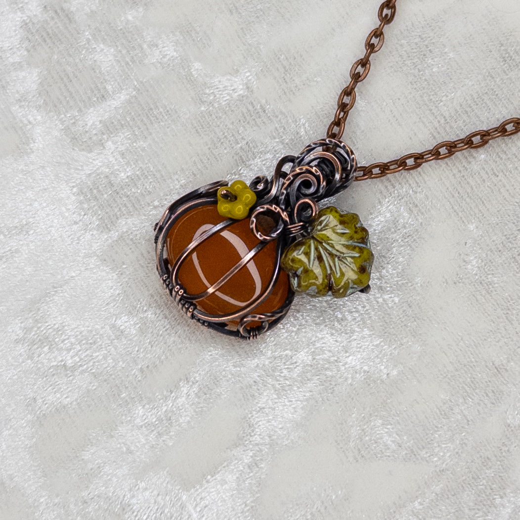 Carnelian Antiqued Copper Pumpkin Pendant With Czech Glass Leaf & Blossom
