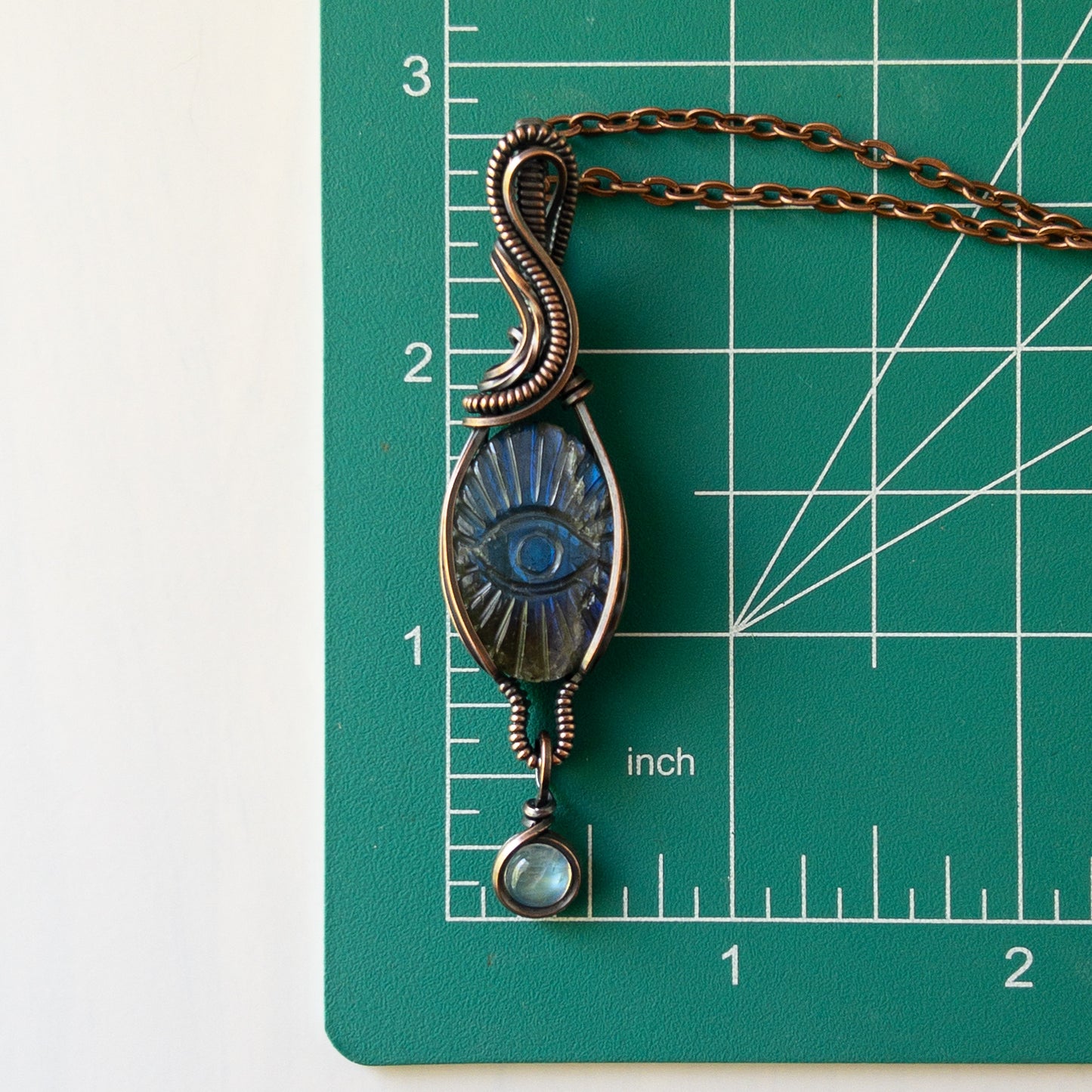 Labradorite Eye With Moonstone Charm Copper Wrapped Pendant