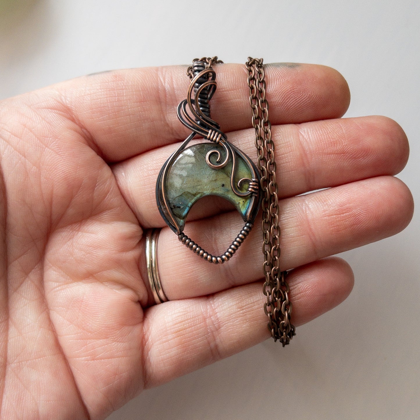 Labradorite Inverted Moon & Copper Wrapped Pendant