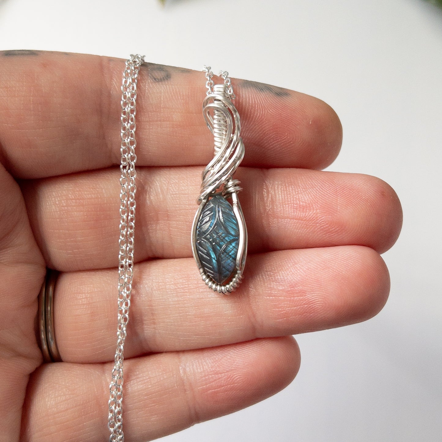 Mughal Carved Labradorite & Sterling Silver Wrapped Pendant