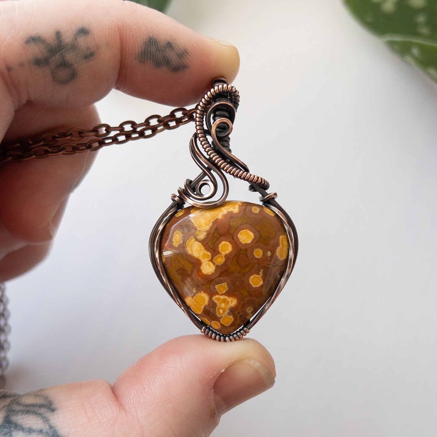 Rust Orange & Honeysuckle Yellow Ocean Jasper Copper Wrapped Pendant