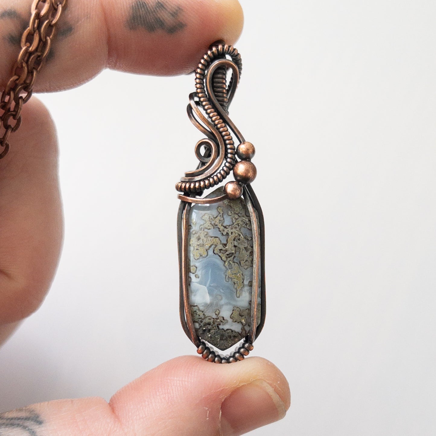 Marquise Mossy Blue Opal Copper Wrapped Pendant