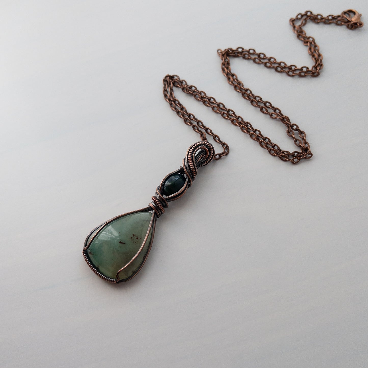 Aquaprase & Smoked Opal Antiqued Copper Wrapped Pendant