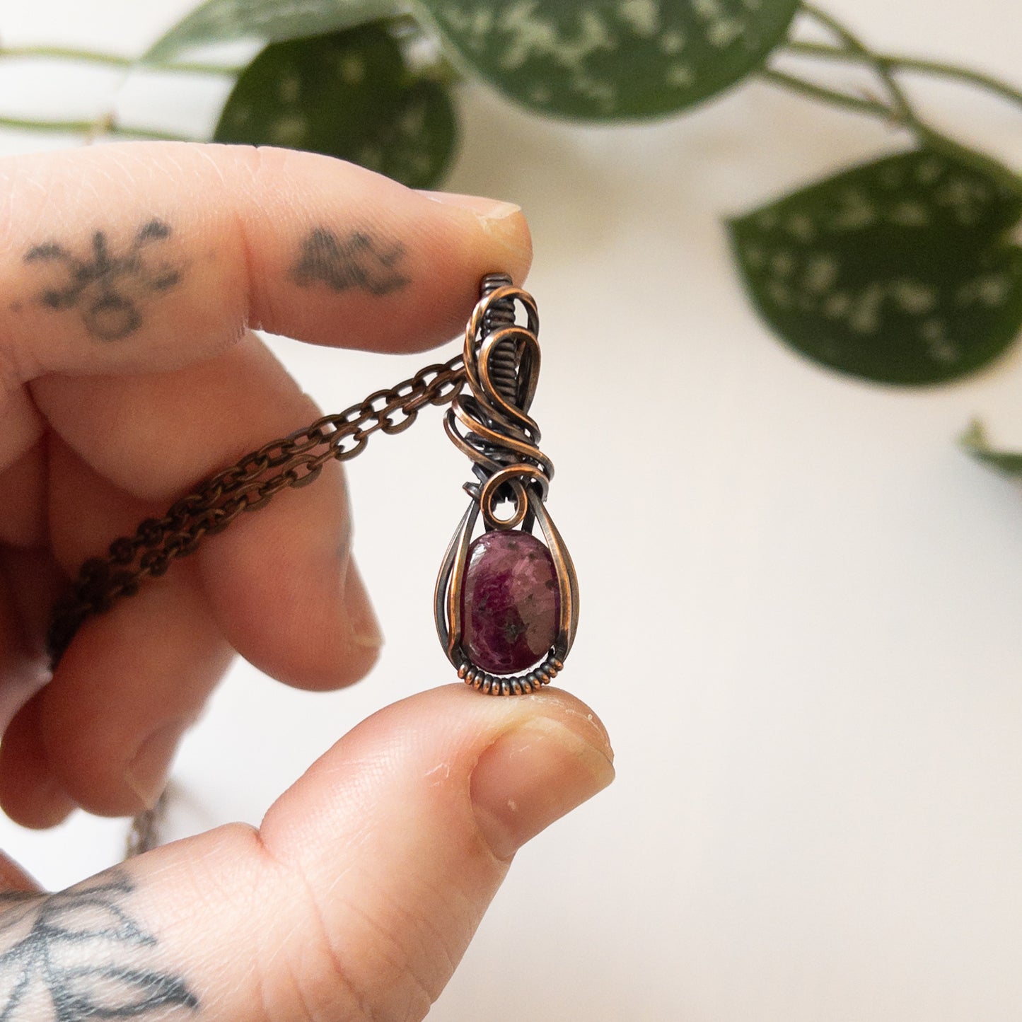 Ruby & Copper Wire Wrapped Pendant