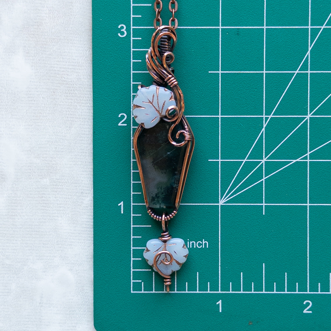 Moss Agate Coffin With Czech Glass Leaves Antiqued Copper Pendant