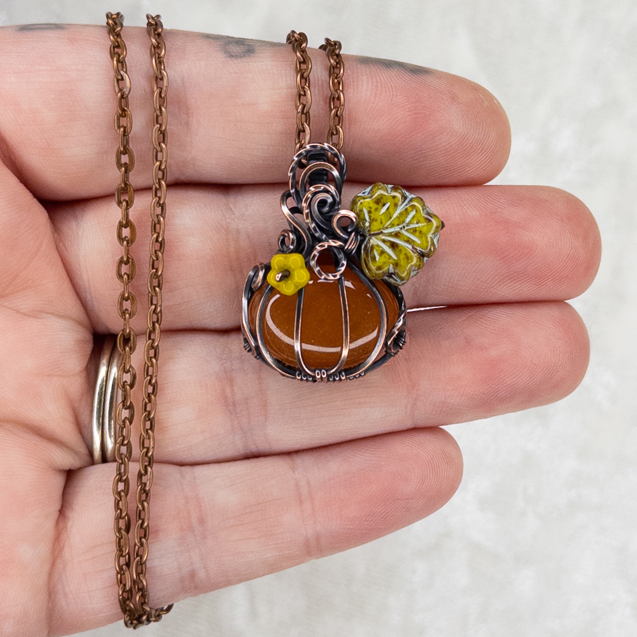 Carnelian Antiqued Copper Pumpkin Pendant With Czech Glass Leaf & Blossom