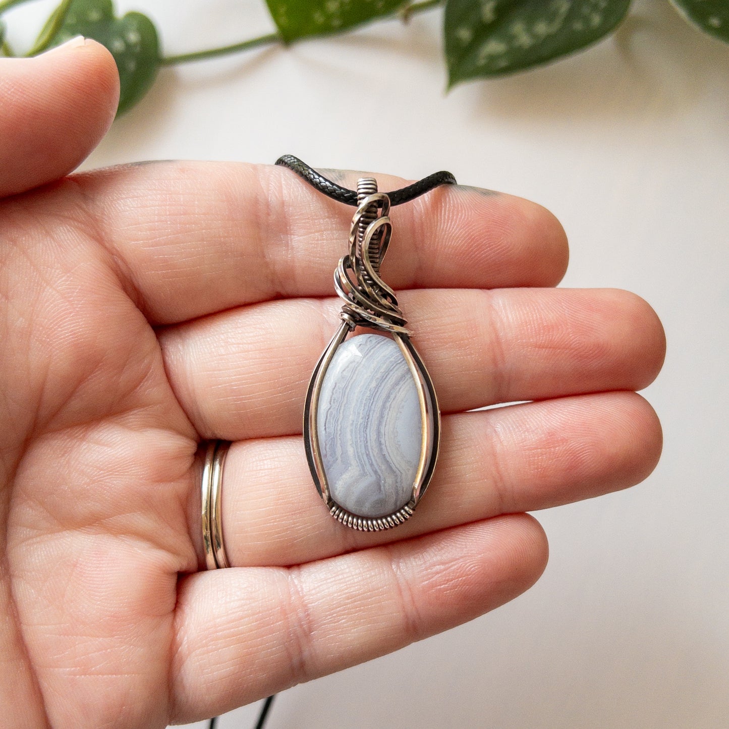 Blue Lace Agate & Sterling Silver Wrapped Pendant