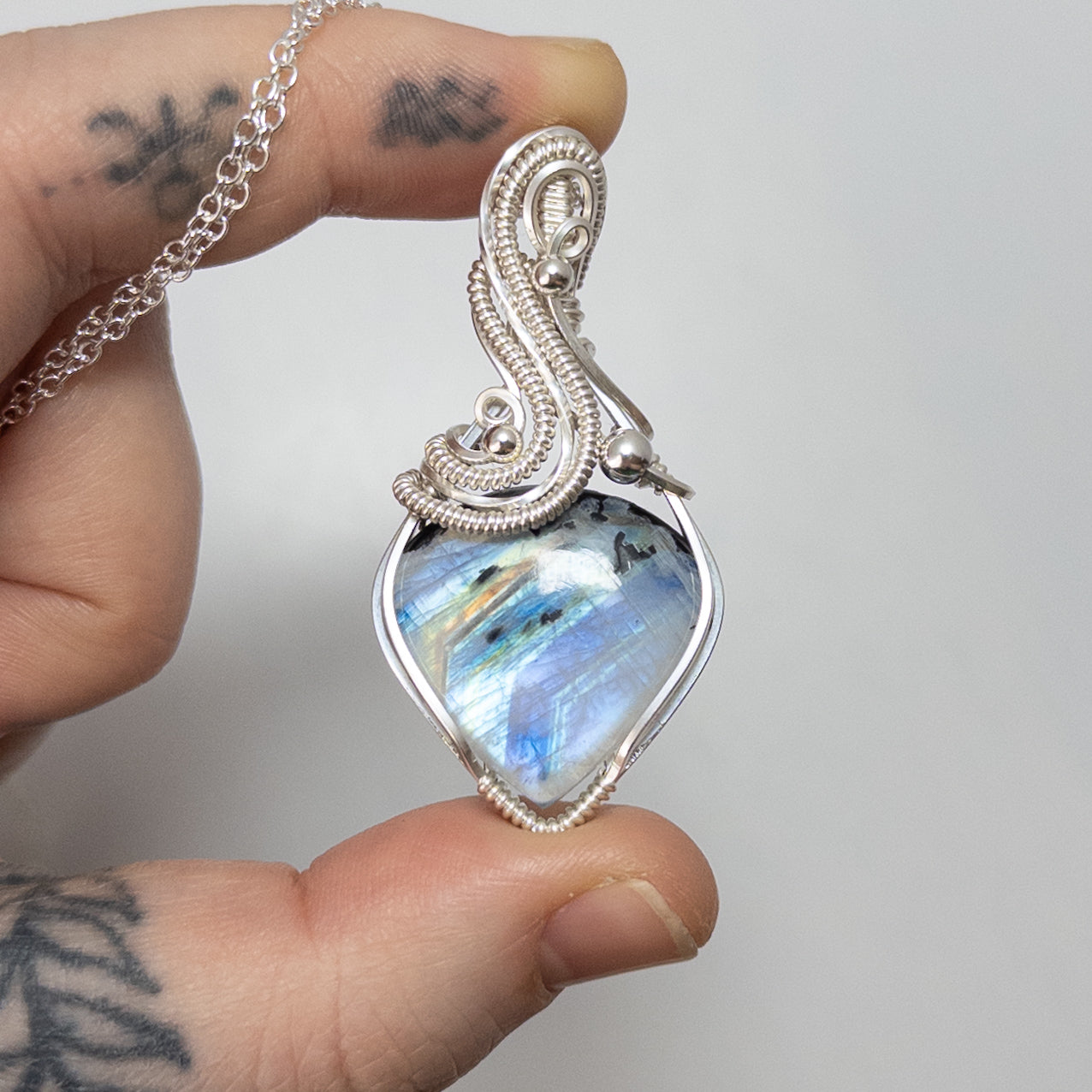 High Quality Rainbow Moonstone Sterling Silver Wrapped Pendant