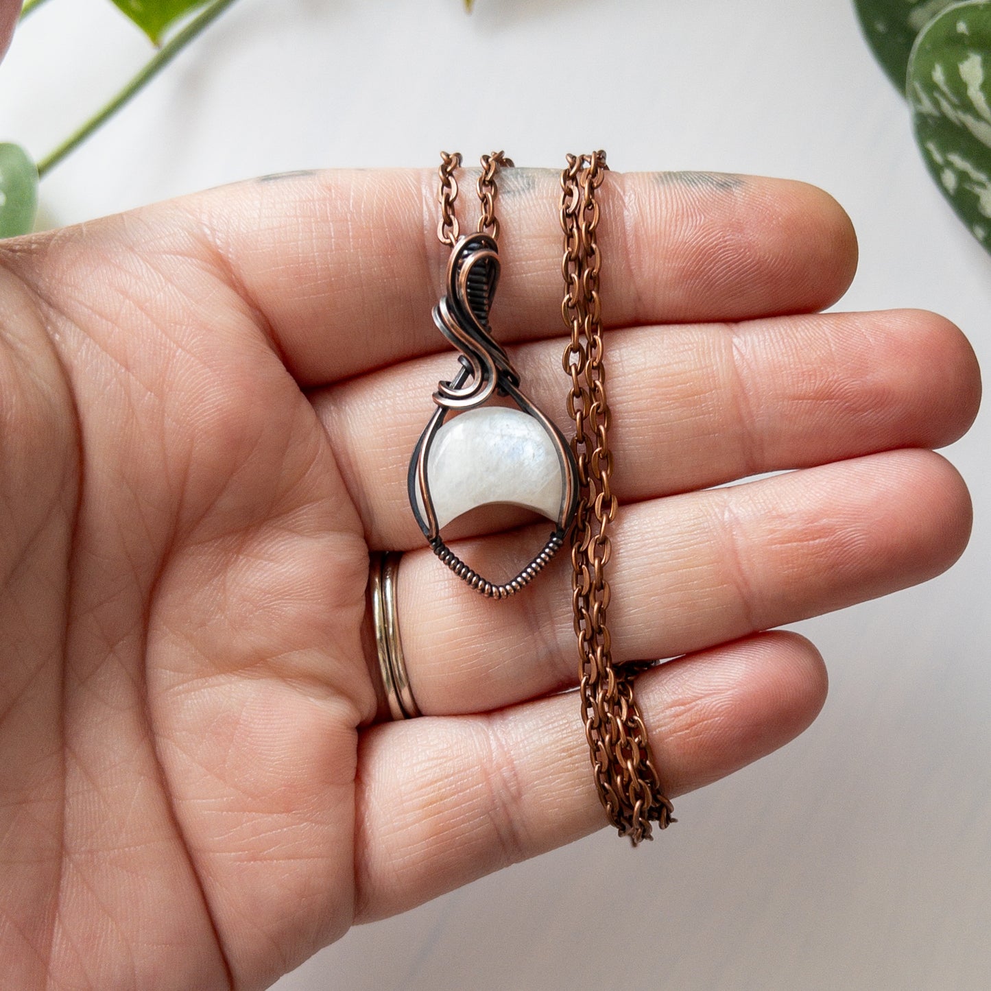 Moonstone Inverted Moon & Copper Wrapped Pendant
