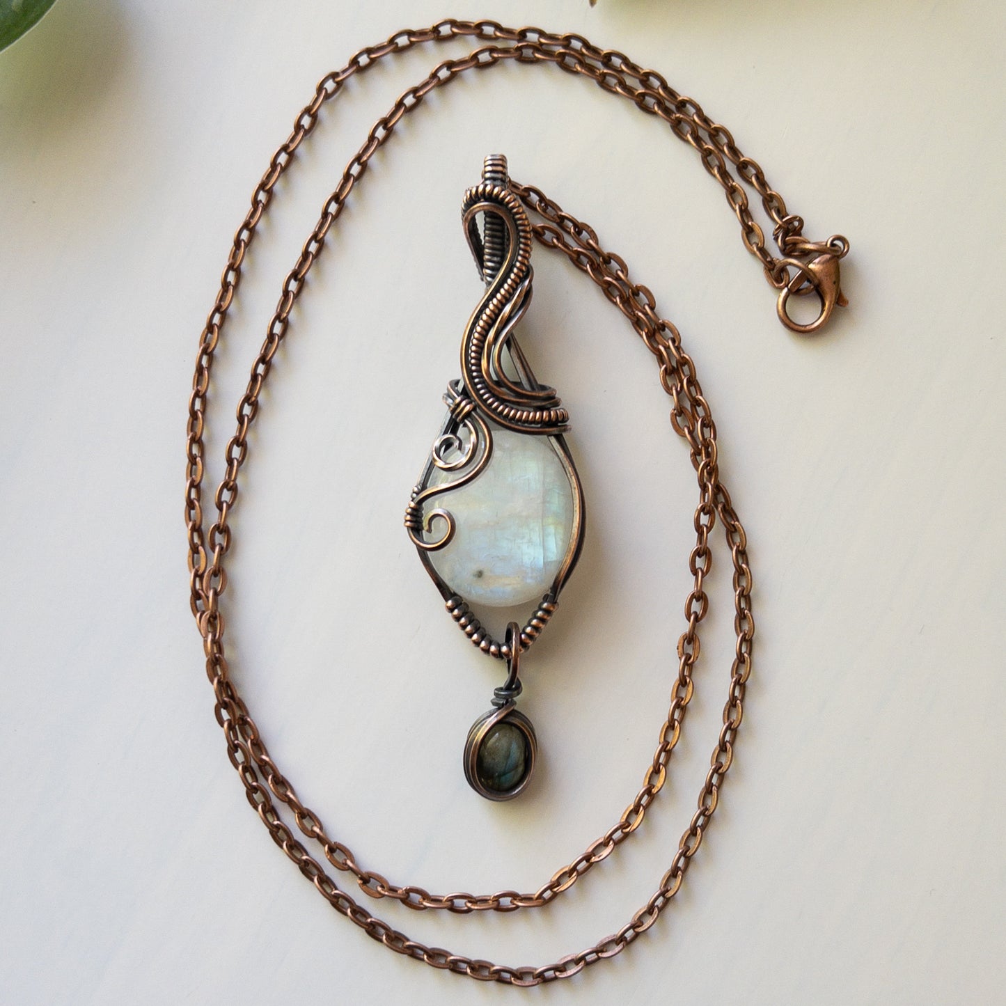 Rainbow Moonstone With Labradorite Charm Copper Wrapped Pendant