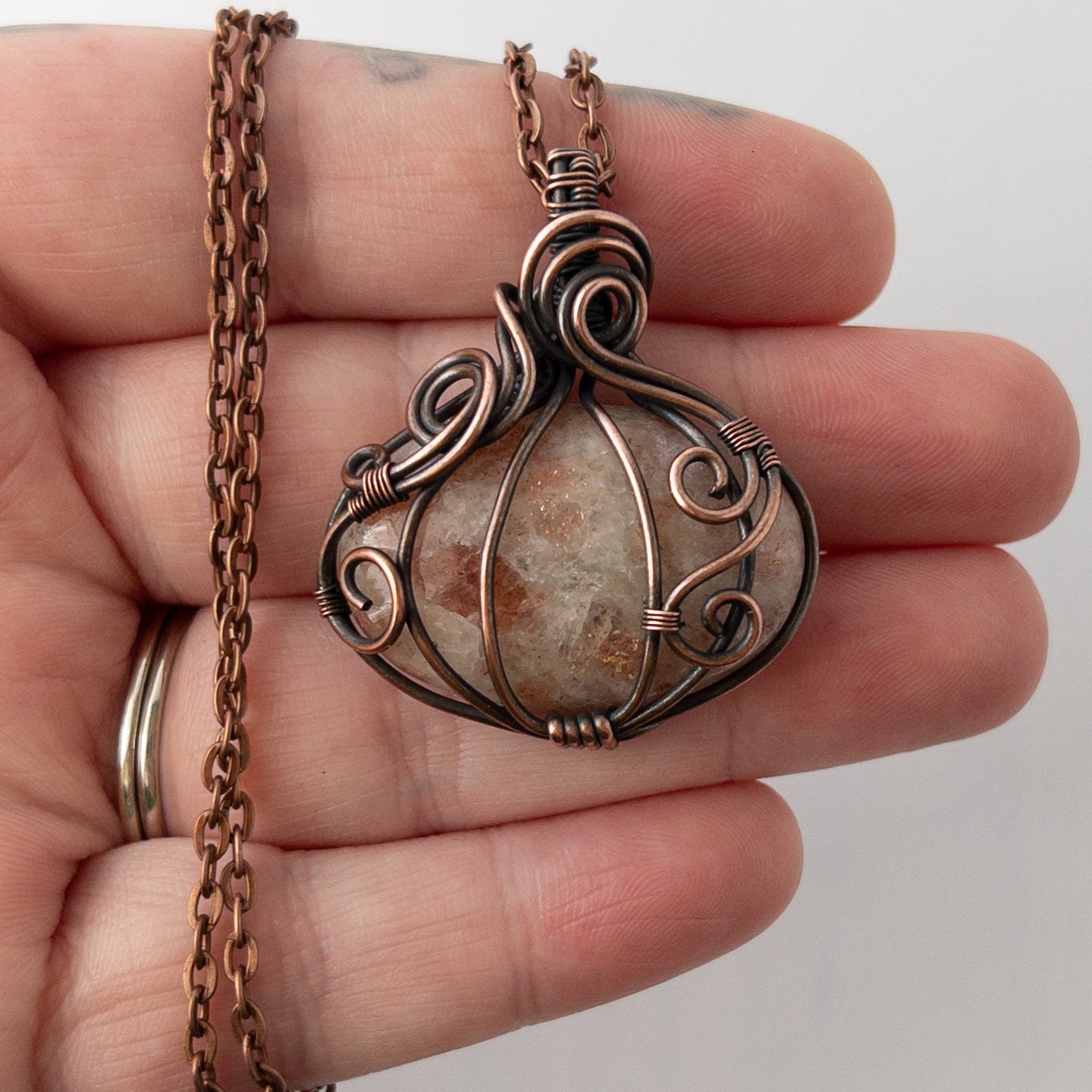 Short Sunstone Pumpkin Antiqued Copper Wrapped Pendant