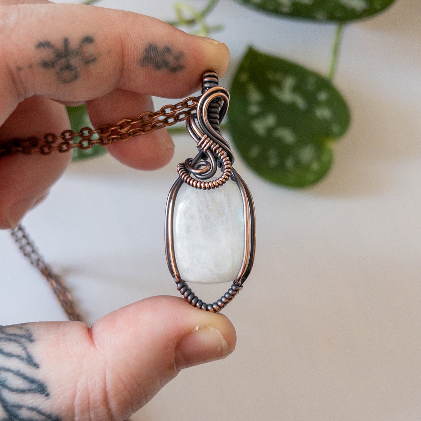 Rectangular Rainbow Moonstone & Copper Wrapped Pendant