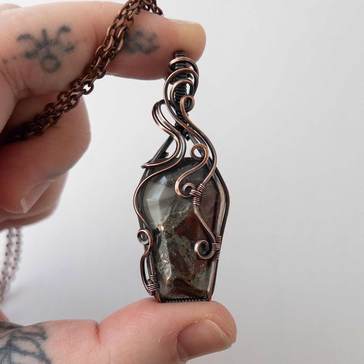 African Bloodstone Coffin Antiqued Copper Wrapped Pendant