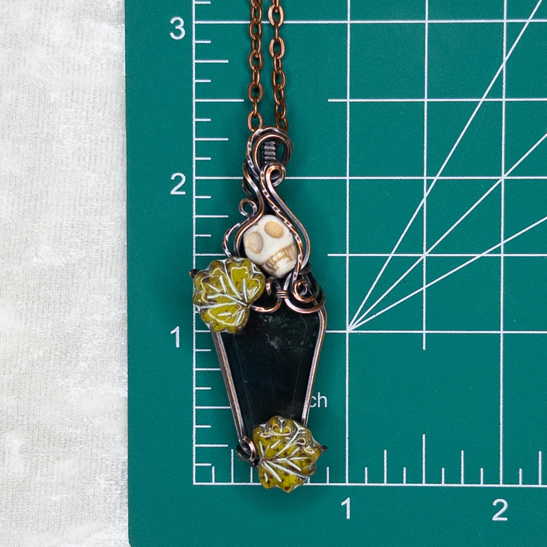 Moss Agate Coffin Antiqued Copper Pendant With Czech Glass Leaves & Stone Skull