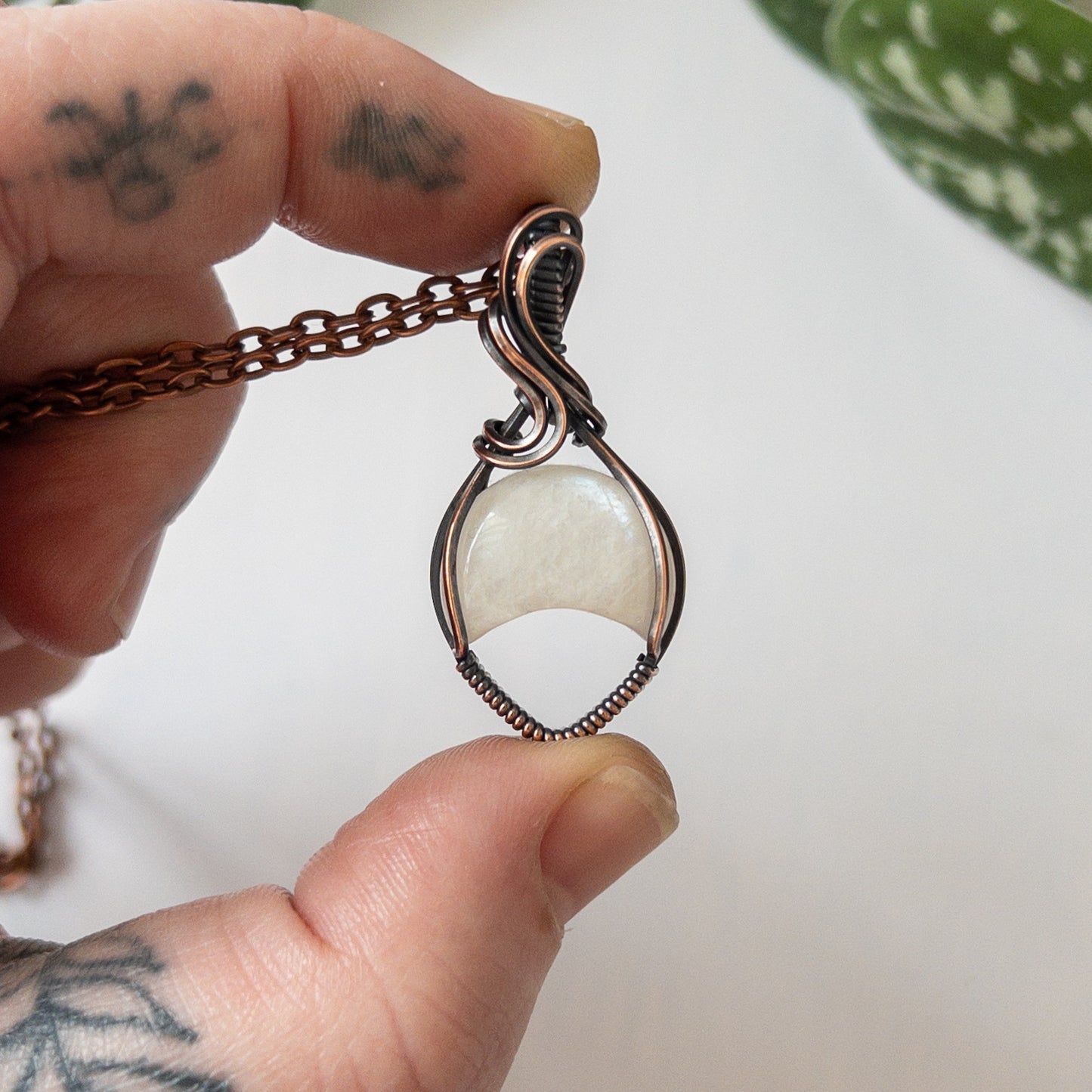 Moonstone Inverted Moon & Copper Wrapped Pendant