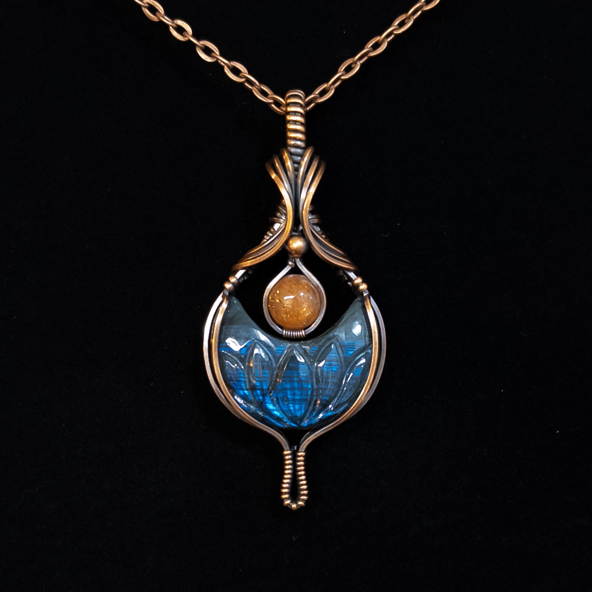 Euphoria - Lotus Carved Labradorite Crescent Moon & Sunstone Copper Pendant