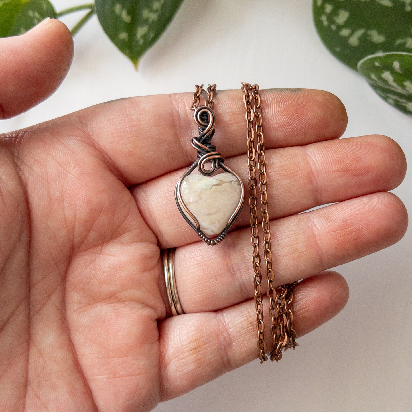 Flower Agate Heart Copper Wrapped Pendant - B