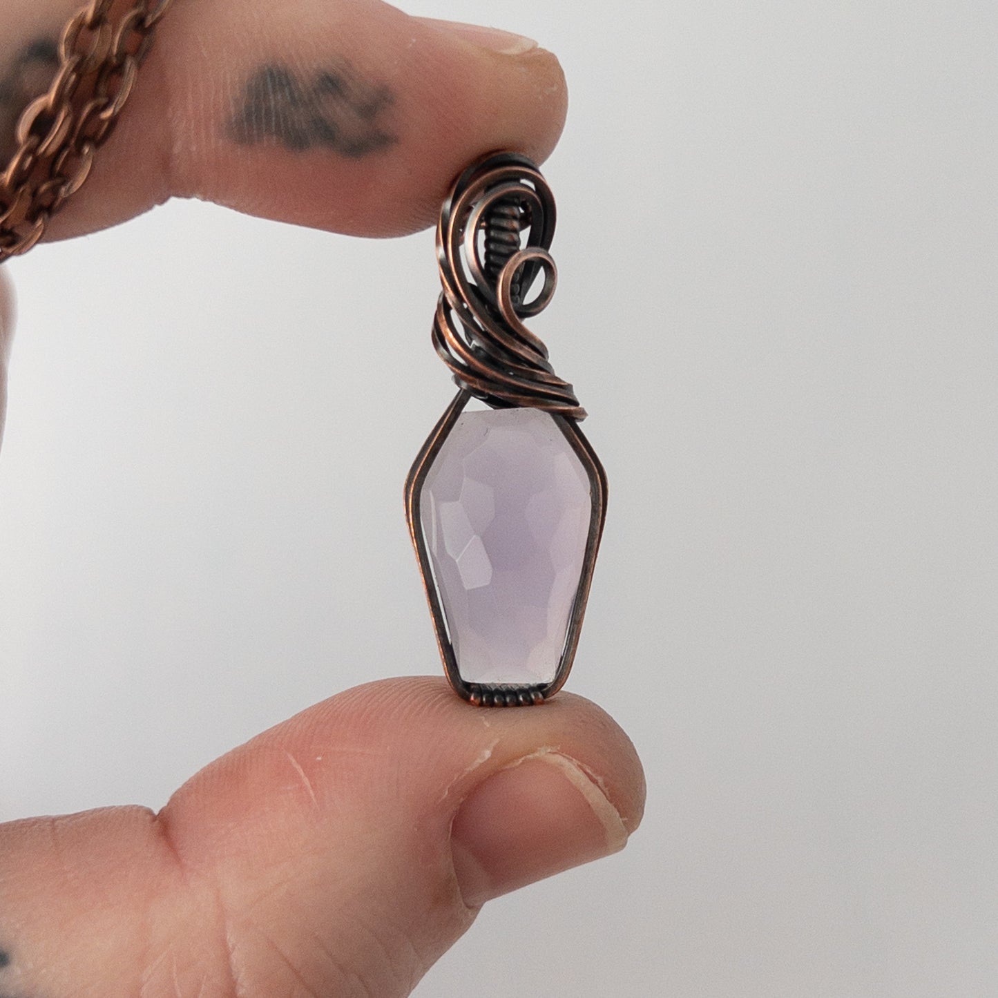 Rose Cut Lavender Chalcedony Coffin Copper Wrapped Pendant