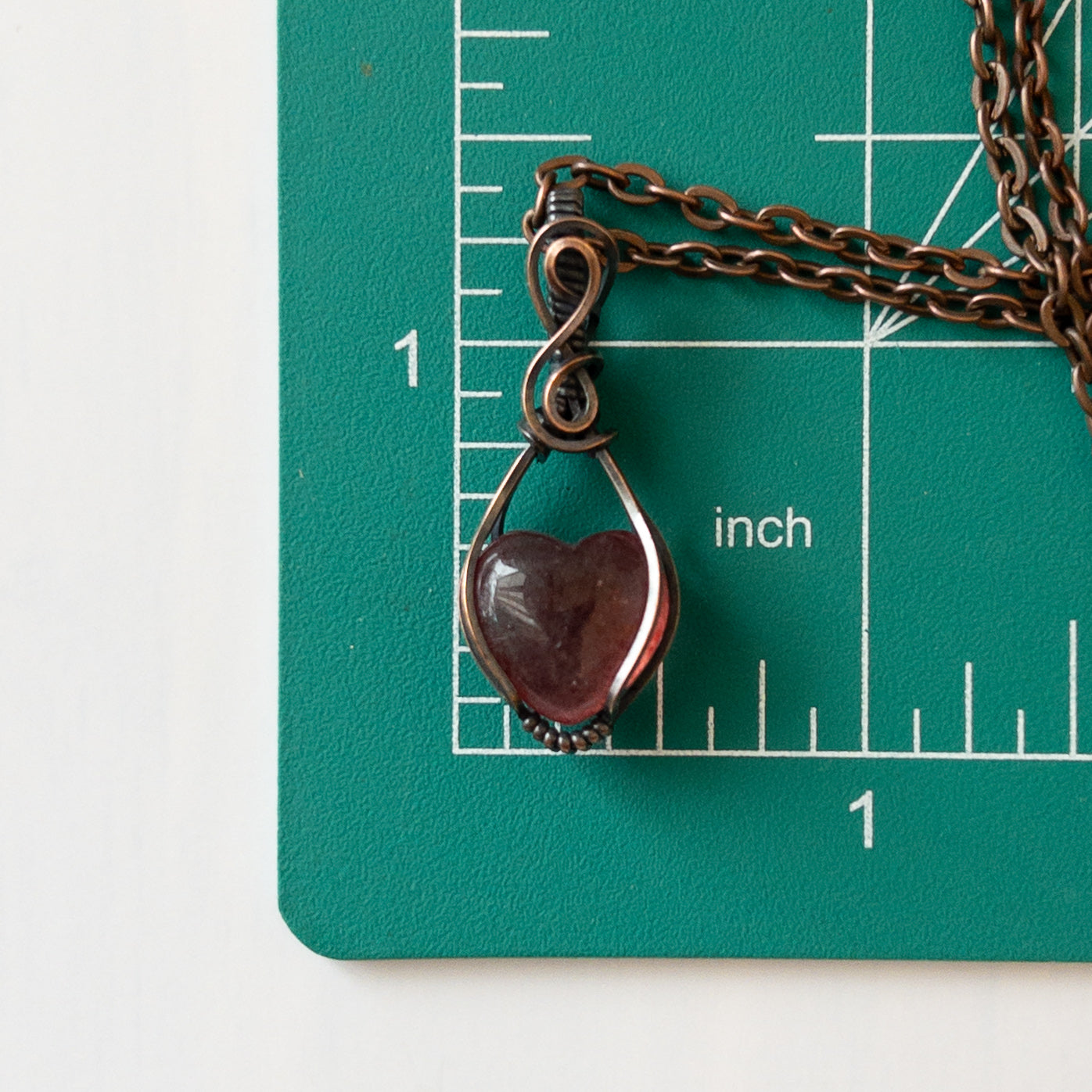 Mini Strawberry Quartz Heart & Copper Wrapped Pendant - B