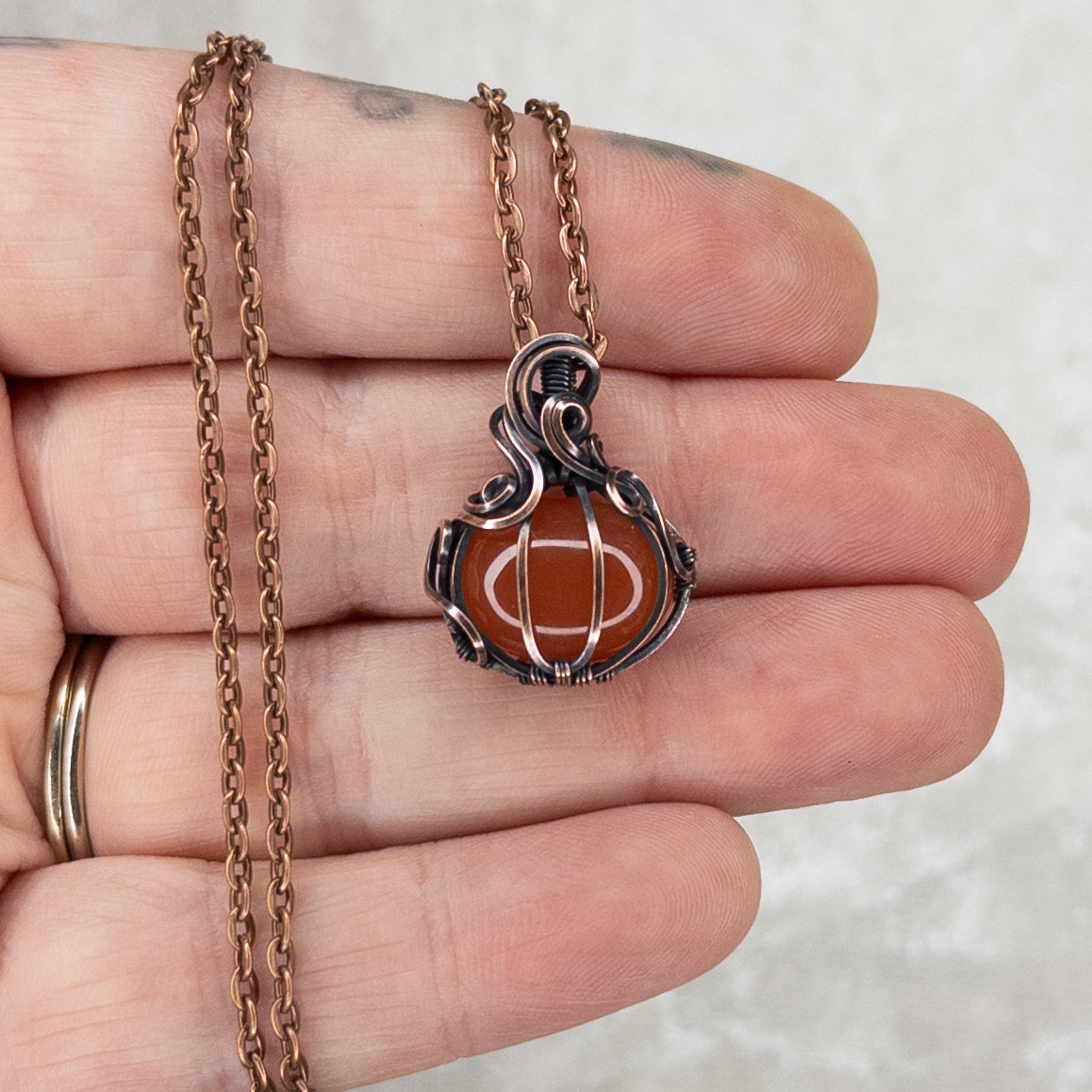 Dainty Carnelian Antiqued Copper Pumpkin Pendant